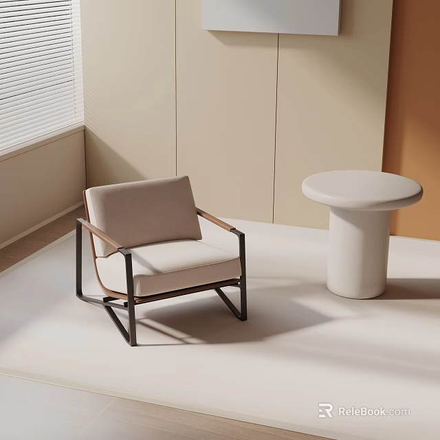 Modern Accent Chair With Light-Colored Walls And White Round Side Table 3d model 
