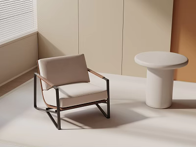 Modern Accent Chair With Light-Colored Walls And White Round Side Table 3d model