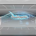 Futuristic Digital Airplane Display With Blue Swirling Lines And Grid Background