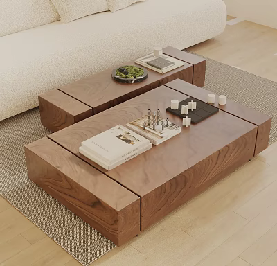 Modern Wooden Sofa and Coffee Table Set Design With Books Chess Set and Small Cups 3d model