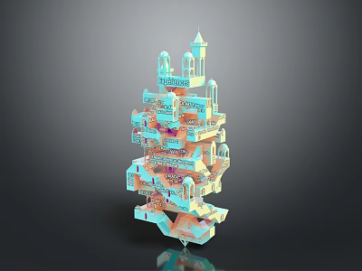 3D Architectural Model With Multi Layered Structure And Intricate Tower Design In Blue Green Tones 3d model
