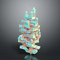 3D Architectural Model With Multi Layered Structure And Intricate Tower Design In Blue Green Tones
