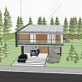 Modern Detached Villa With Wooden Facade Balcony Palm Trees And Parked Cars On Driveway
