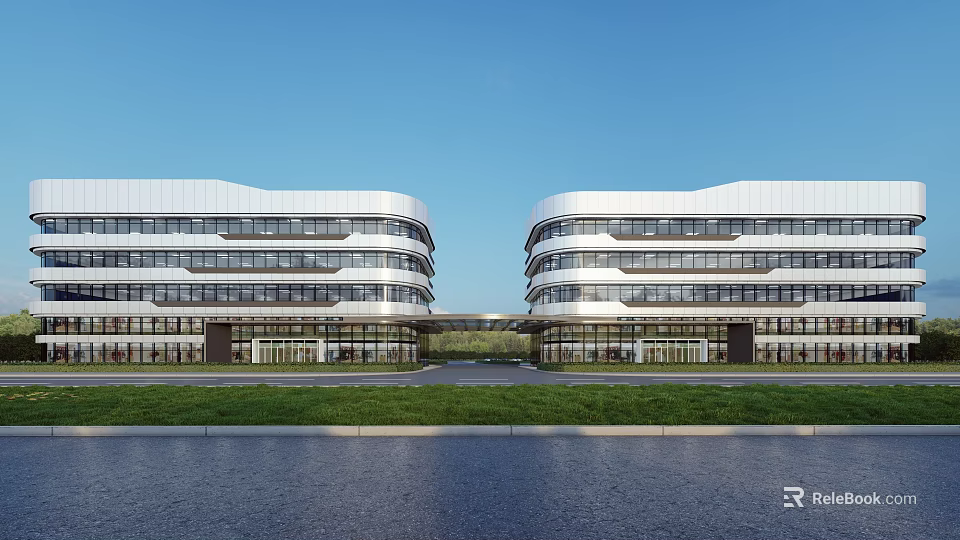 Twin Modern Office Building Exterior With Glass Walls Multiple Floors Front Lawn And Blue Sky 3d model 