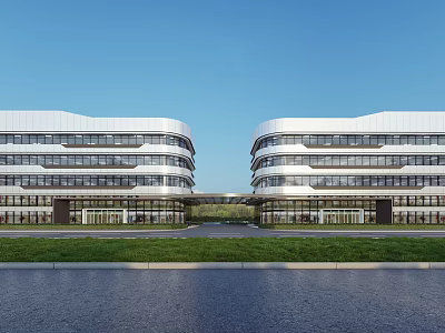 Twin Modern Office Building Exterior With Glass Walls Multiple Floors Front Lawn And Blue Sky 3d model