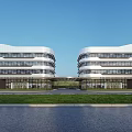 Twin Modern Office Building Exterior With Glass Walls Multiple Floors Front Lawn And Blue Sky