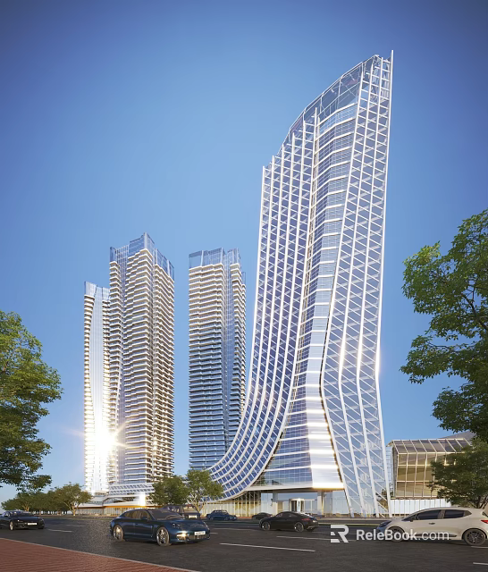Sleek Modern High Rise Office Buildings With Curved Glass Facade And Green Trees 3d model 
