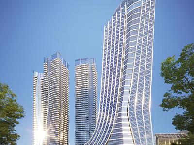 Sleek Modern High Rise Office Buildings With Curved Glass Facade And Green Trees 3d model