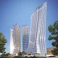 Sleek Modern High Rise Office Buildings With Curved Glass Facade And Green Trees