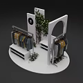 Stylish Window Display with White Racks Hanging Clothes Green Plants and Brand Logo