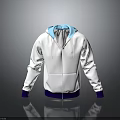 White Zippered Hoodie With Light Blue Hood Lining Purple Cuffs And Hem Pockets