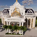 Elegant White Detached Villa With Golden Dome Columns Palm Trees And White Cars