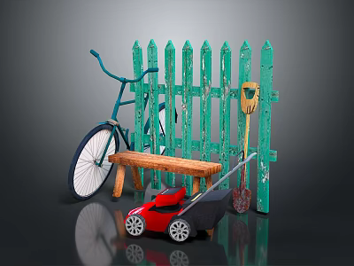 Colorful Outdoor Garden Scene With Green Fence Bicycle Bench Red Lawnmower And Shovel 3d model