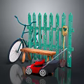 Colorful Outdoor Garden Scene With Green Fence Bicycle Bench Red Lawnmower And Shovel