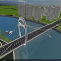 Modern Arch Bridge Across River With High Rise Buildings And Urban Scenery