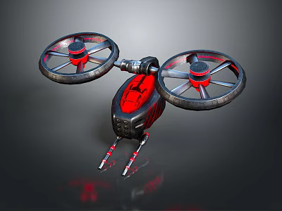Futuristic Red And Black Drone With Two Large Propellers And Landing Gear Design 3d model
