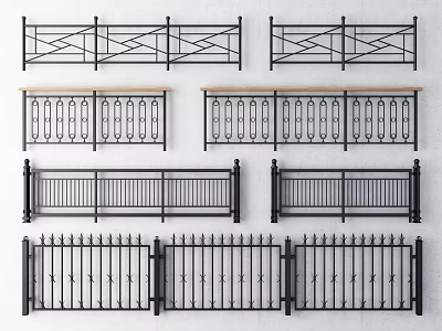 Various Design Metal Fences With Decorative Patterns Horizontal Vertical Bars And Ornamental Tops 3d model