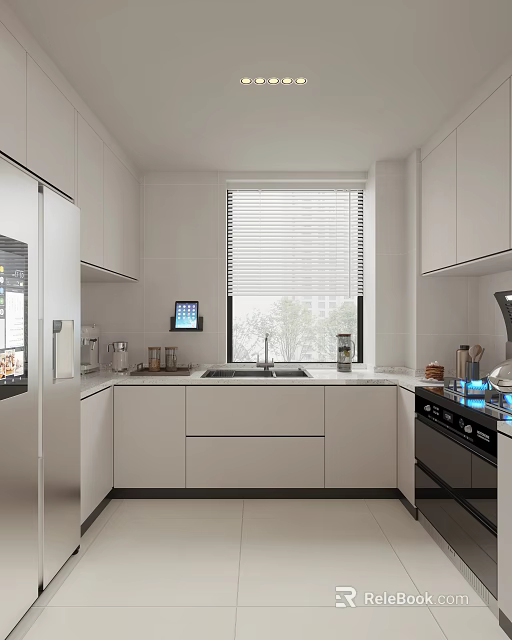 Modern White Kitchen Interior Design With Stainless Steel Refrigerator And Window Blinds 3d model 