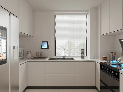 Modern White Kitchen Interior Design With Stainless Steel Refrigerator And Window Blinds 3d model