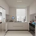 Modern White Kitchen Interior Design With Stainless Steel Refrigerator And Window Blinds