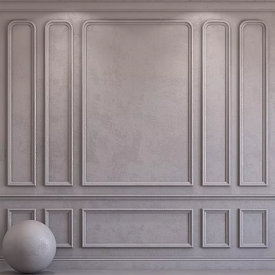 Light Gray Textured Background Wall With Wooden Molding And Decorative Panels 3d model