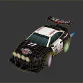 Redline Racing Car With Rear Spoiler Number 77 Front Round Headlights And Black White Body
