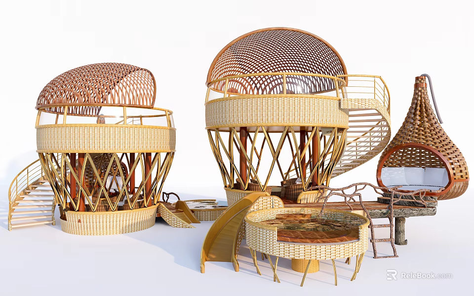 Round Roof Wooden House Design With Bamboo Woven Structure Staircase Slide And Outdoor Furniture 3d model 