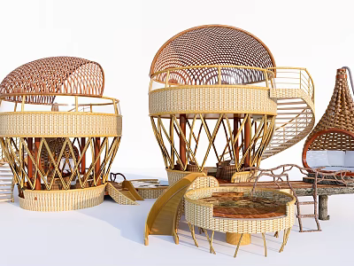 Round Roof Wooden House Design With Bamboo Woven Structure Staircase Slide And Outdoor Furniture 3d model