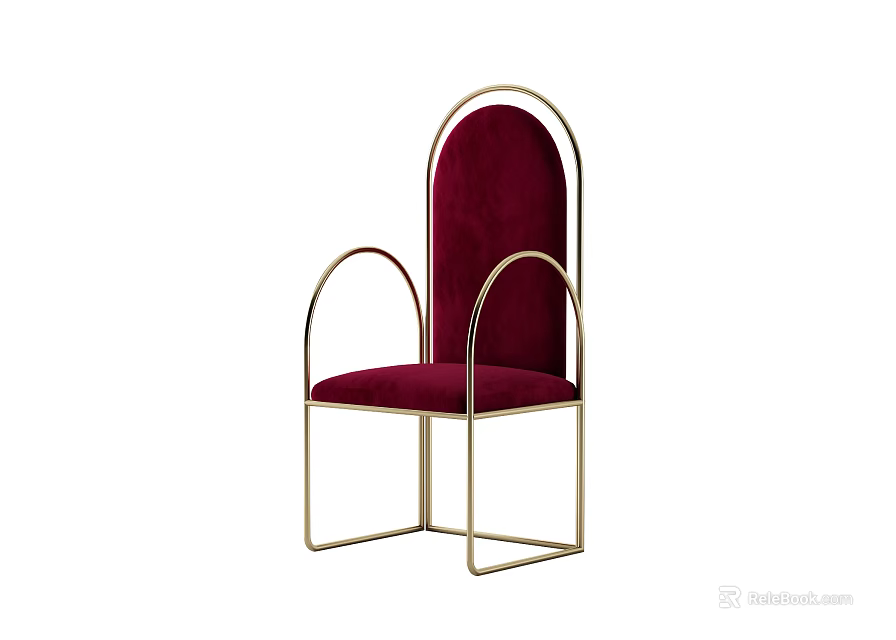 Burgundy Velvet Leisure Chair with Golden Metal Frame and Curved Modern Design 3d model 