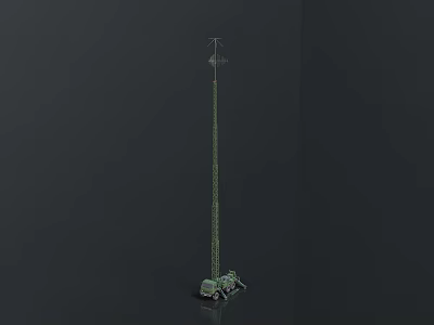 Green Utility Vehicle Parked at the Base of Tall Metal Tower Structure 3d model