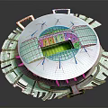 Modern Round Stadium Architecture With Green Turf And Blue Seats Design