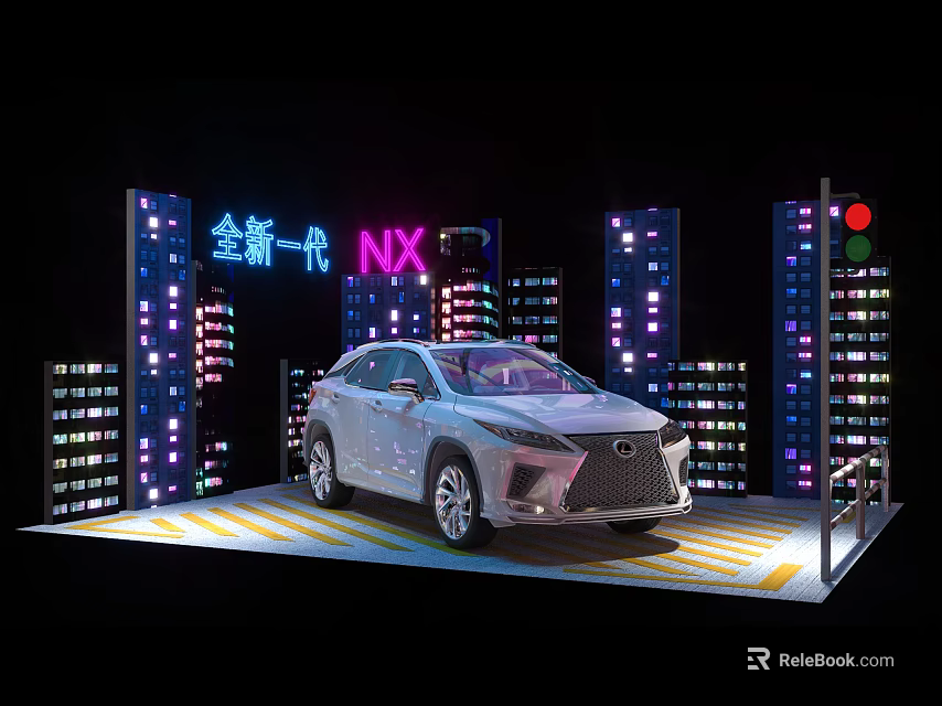 Display Shelves Showcasing New Generation Lexus NX With Urban Building Neon Lights 3d model 