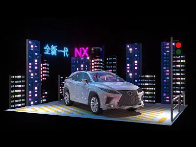 Display Shelves Showcasing New Generation Lexus NX With Urban Building Neon Lights 3d model