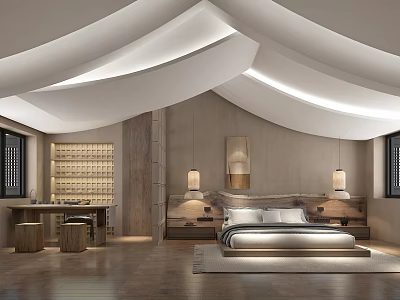 Hotel Guest Room With Wooden Walls Pendant Lights Bookshelf And Natural Design 3d model