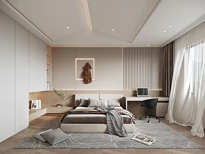 Modern Bedroom Interior Design With Bed Throw Blanket Desk Computer Wall Art And Curtains 3d model