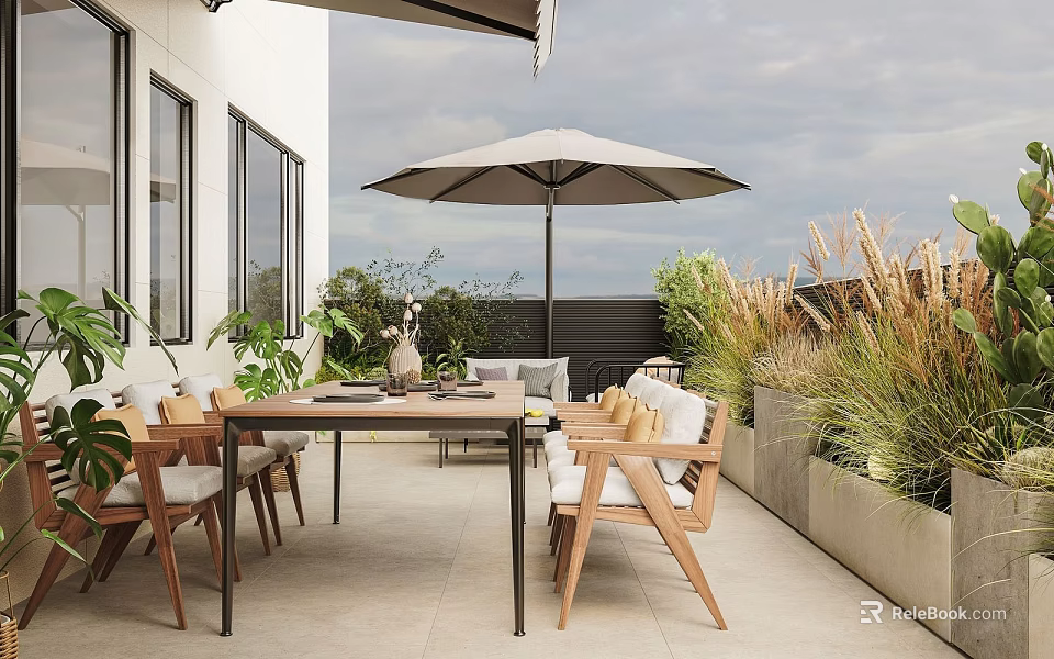 Modern Roof Garden With Wooden Furniture Patio Umbrella And Plants 3d model 