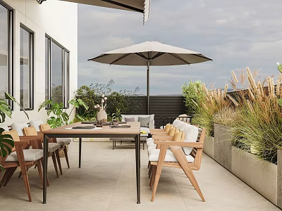 Modern Roof Garden With Wooden Furniture Patio Umbrella And Plants 3d model