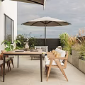 Modern Roof Garden With Wooden Furniture Patio Umbrella And Plants
