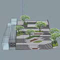 Modern Open Plaza With Steps Greenery And Pedestrians In Urban Area