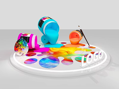 Colorful Paint Tubes Palette And Paintbrush With Vibrant Splatters And LOGO 3d model