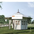 Outdoor White Tent Set In Green Grass Field With Trees And Fence