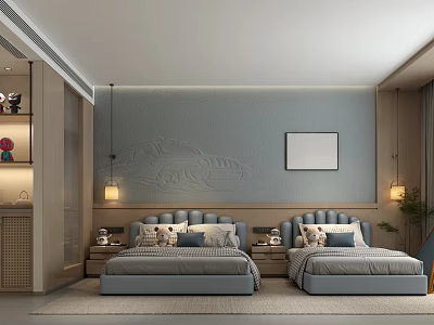 Modern Hotel Guest Room With Twin Blue Beds Decorative Headboards Wall Sconces And Framed Artwork 3d model