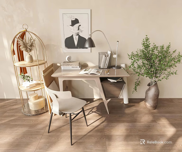 Modern Home Desk with White Chair Table Lamp Green Plant Beige Wall and Wooden Floor 3d model 
