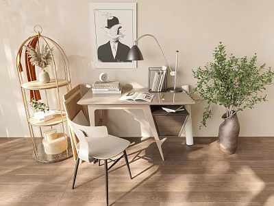 Modern Home Desk with White Chair Table Lamp Green Plant Beige Wall and Wooden Floor 3d model