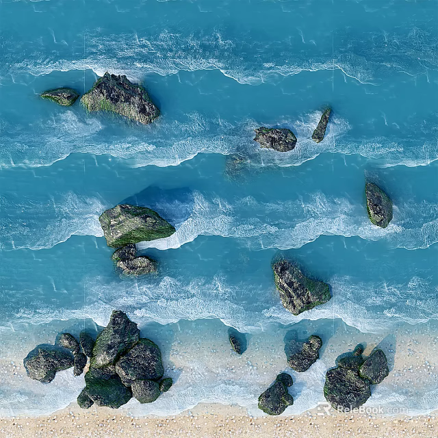 Natural Stone Boulders and Wooden Logs by Rolling Ocean Waves on Sandy Beach 3d model 