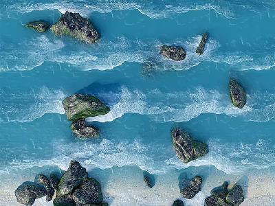 Natural Stone Boulders and Wooden Logs by Rolling Ocean Waves on Sandy Beach 3d model