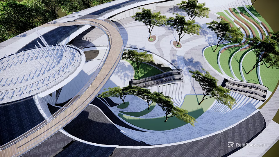 Modern Landscape Bridge With Curved Walkway Trees And Green Open Space 3d model 
