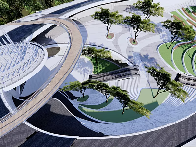 Modern Landscape Bridge With Curved Walkway Trees And Green Open Space 3d model