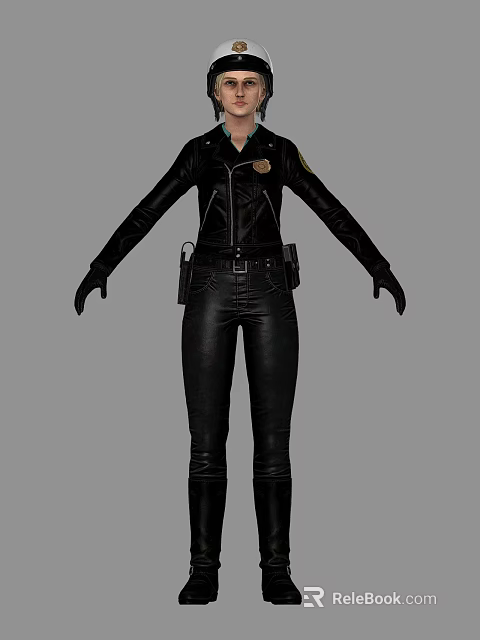 Police Woman In Black Leather Uniform With Badge Gloves And Holsters 3d model 