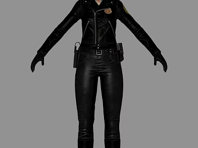 Police Woman In Black Leather Uniform With Badge Gloves And Holsters 3d model